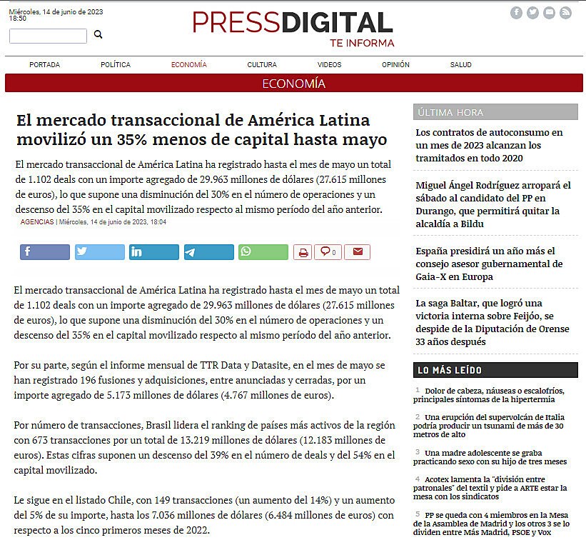 El mercado transaccional de Amrica Latina moviliz un 35% menos de capital hasta mayo
